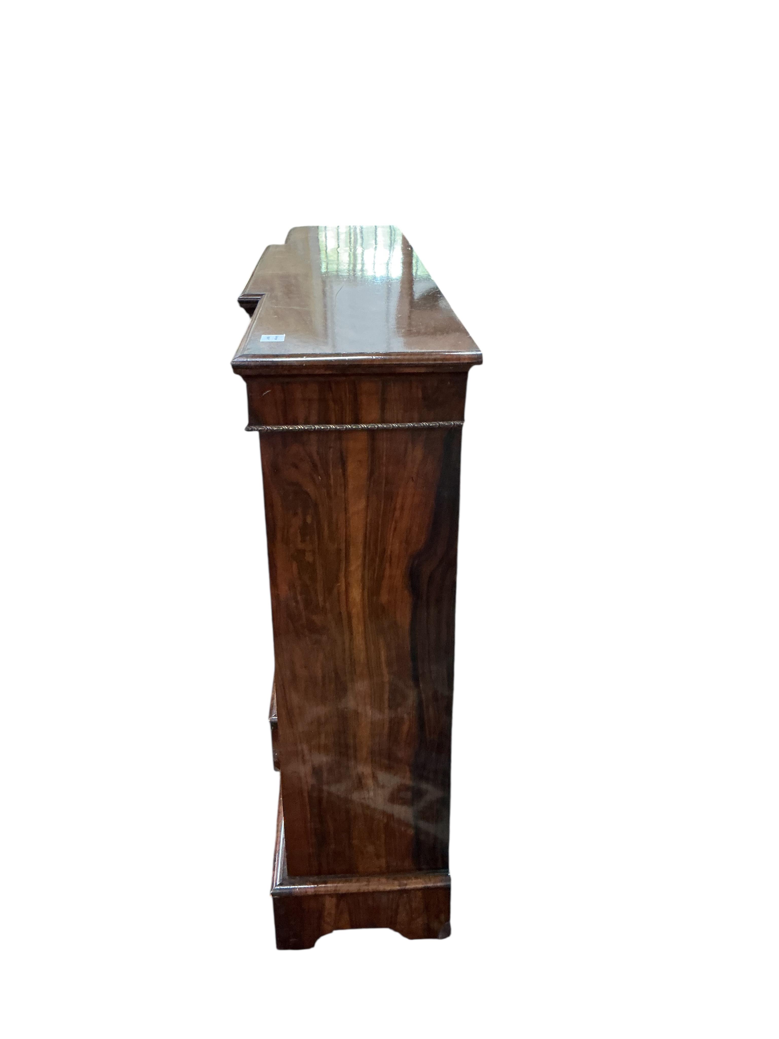 A Victorian gilt metal mounted inlaid walnut breakfront side cabinet, width 164cm, depth 36cm, height 104cm
